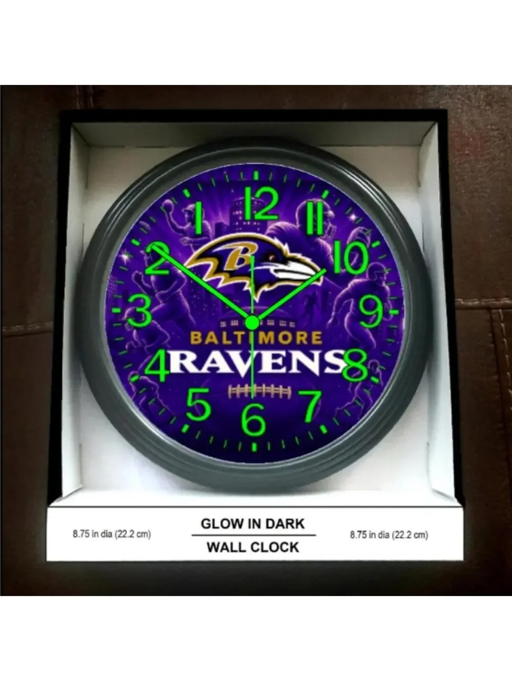 REVERSE TICKING CLOCK Baltimore Ravens Glow In The Dark Wall Clock New!